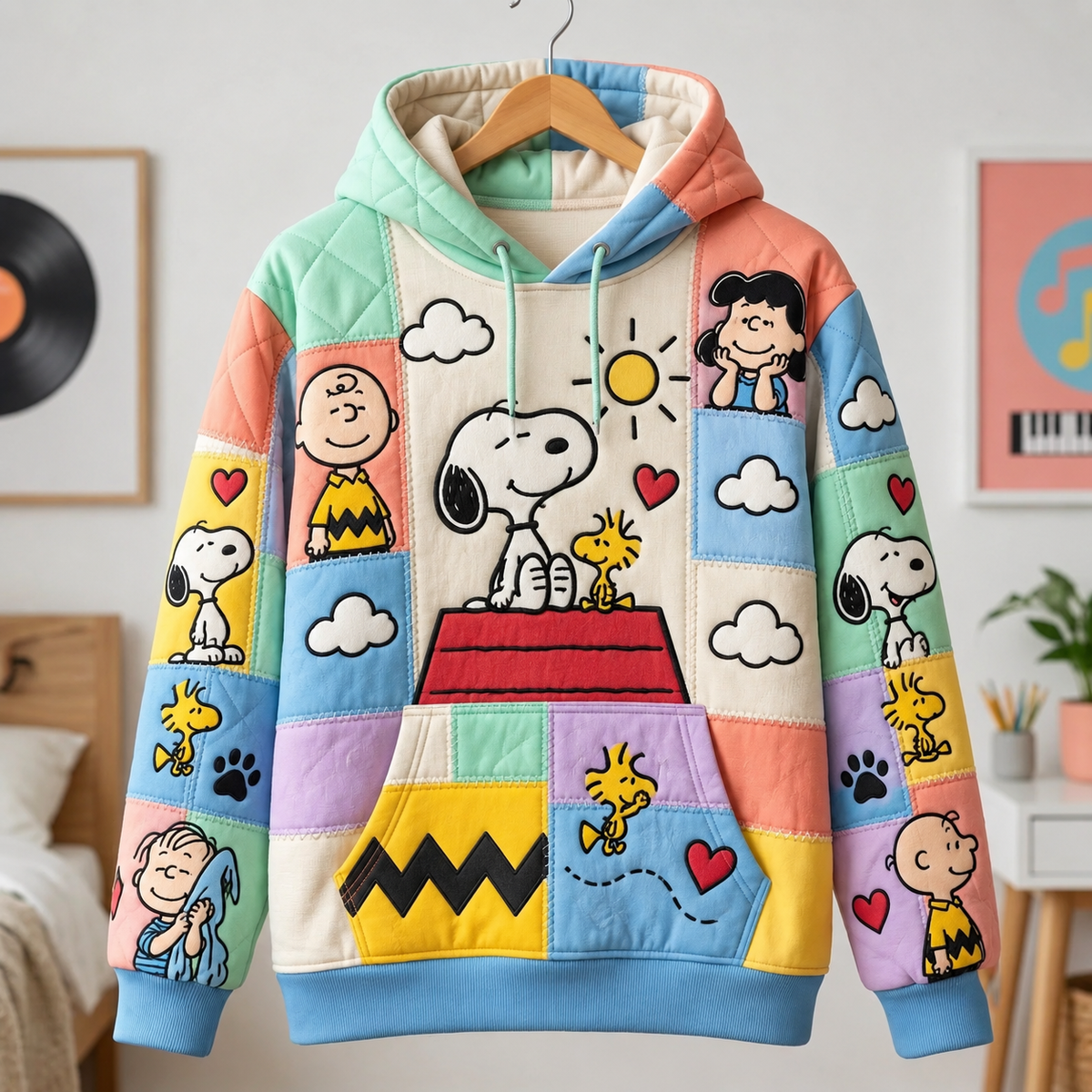 Cozy Puppy & Friends Patchwork Hoodie - Cute Pastel Cartoon Pullover