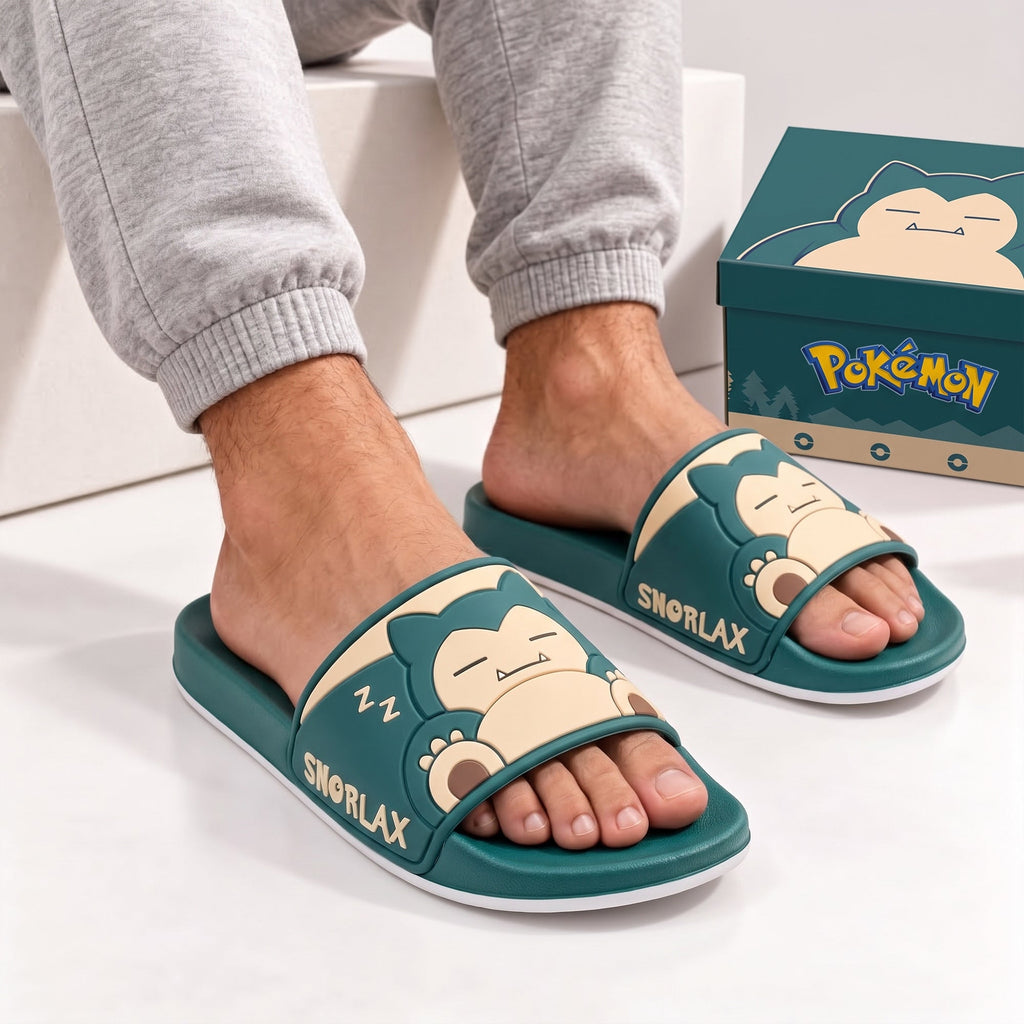 Sleepy Monster Leather Sandals – Teal Relaxing Cartoon Slide Sandals