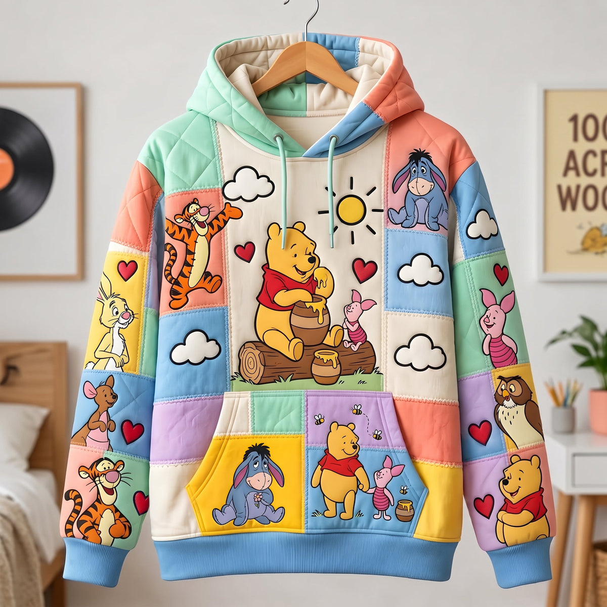 Classic Honey Bear & Friends Patchwork Hoodie – Cute Cartoon Pullover Gift