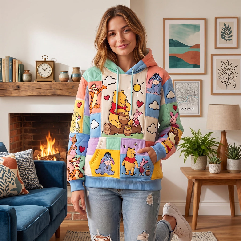 Classic Honey Bear & Friends Patchwork Hoodie – Cute Cartoon Pullover Gift