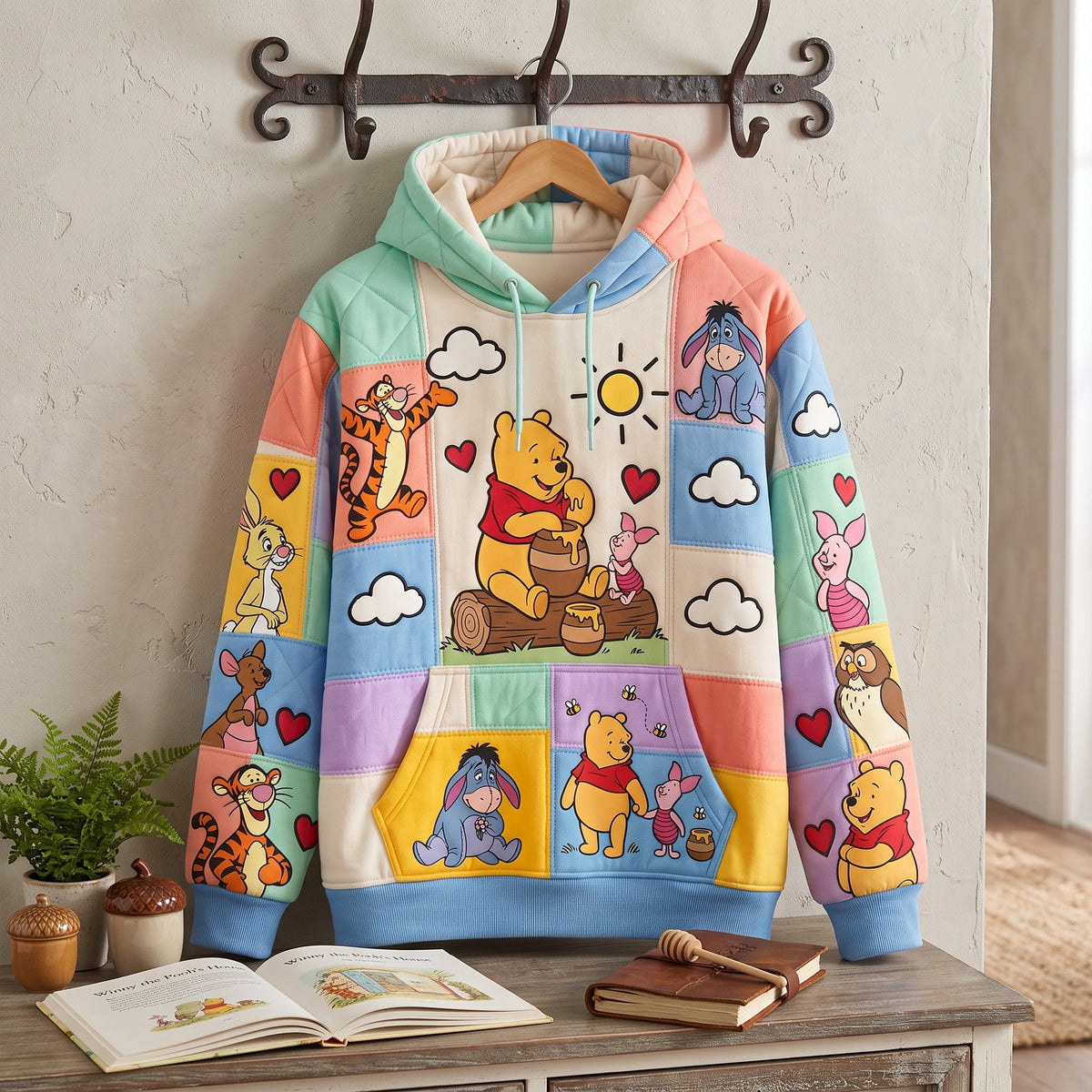 Classic Honey Bear & Friends Patchwork Hoodie – Cute Cartoon Pullover Gift