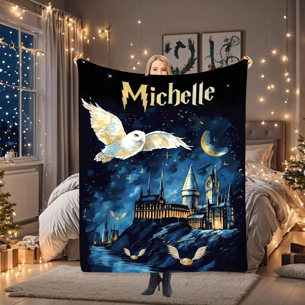 Personalized Magic Owl Castle Blanket – Custom Name Fantasy Night Sky Cozy Throw
