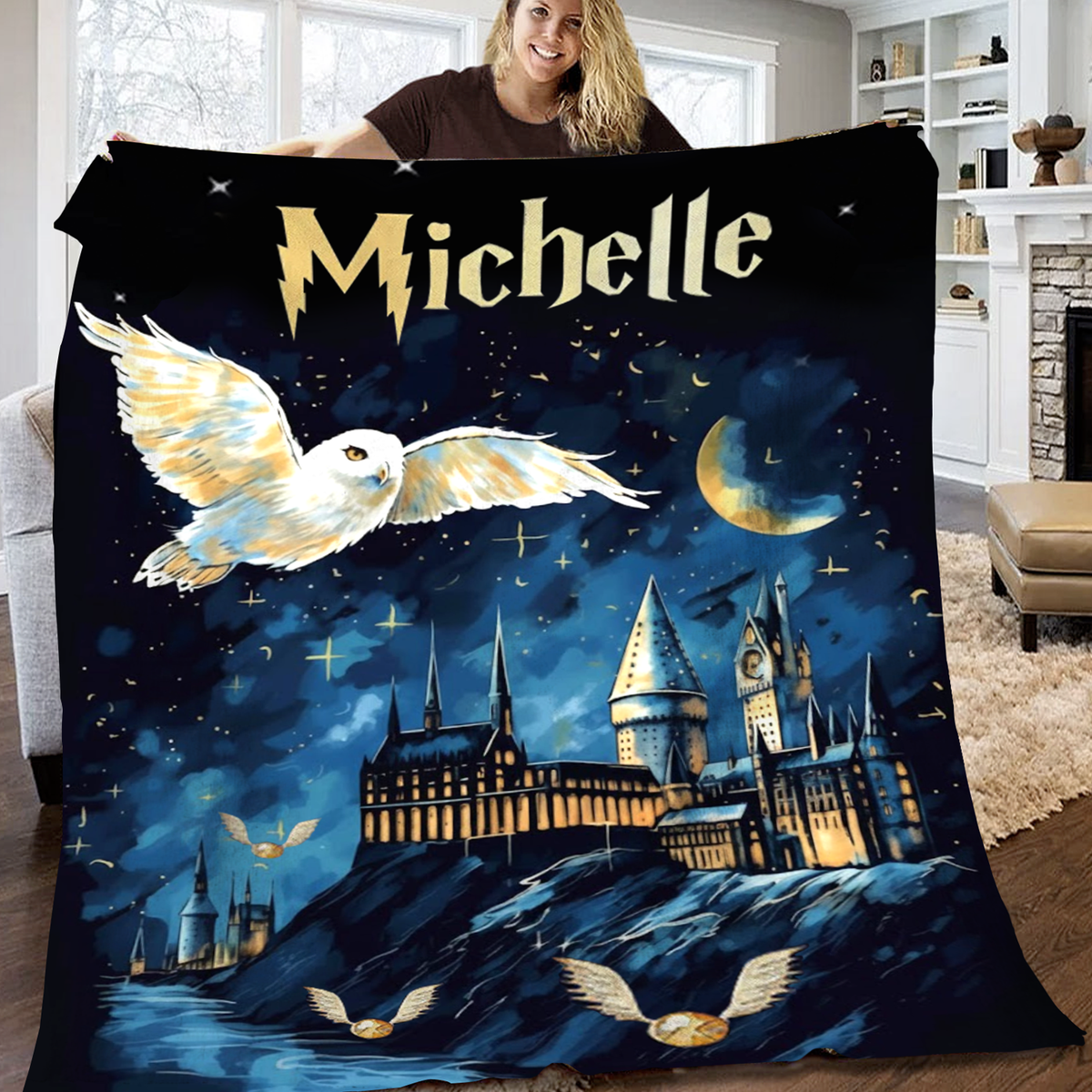 Personalized Magic Owl Castle Blanket – Custom Name Fantasy Night Sky Cozy Throw