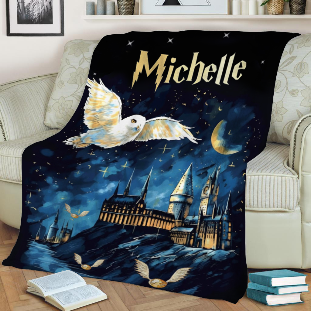 Personalized Magic Owl Castle Blanket – Custom Name Fantasy Night Sky Cozy Throw