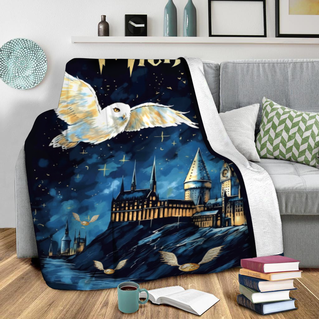 Personalized Magic Owl Castle Blanket – Custom Name Fantasy Night Sky Cozy Throw