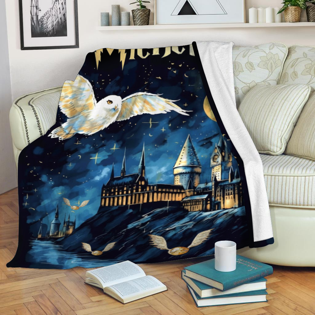 Personalized Magic Owl Castle Blanket – Custom Name Fantasy Night Sky Cozy Throw