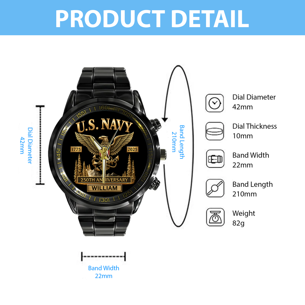 U.S Navy 250th Anniversary - Personalized Veteran Hand Watch