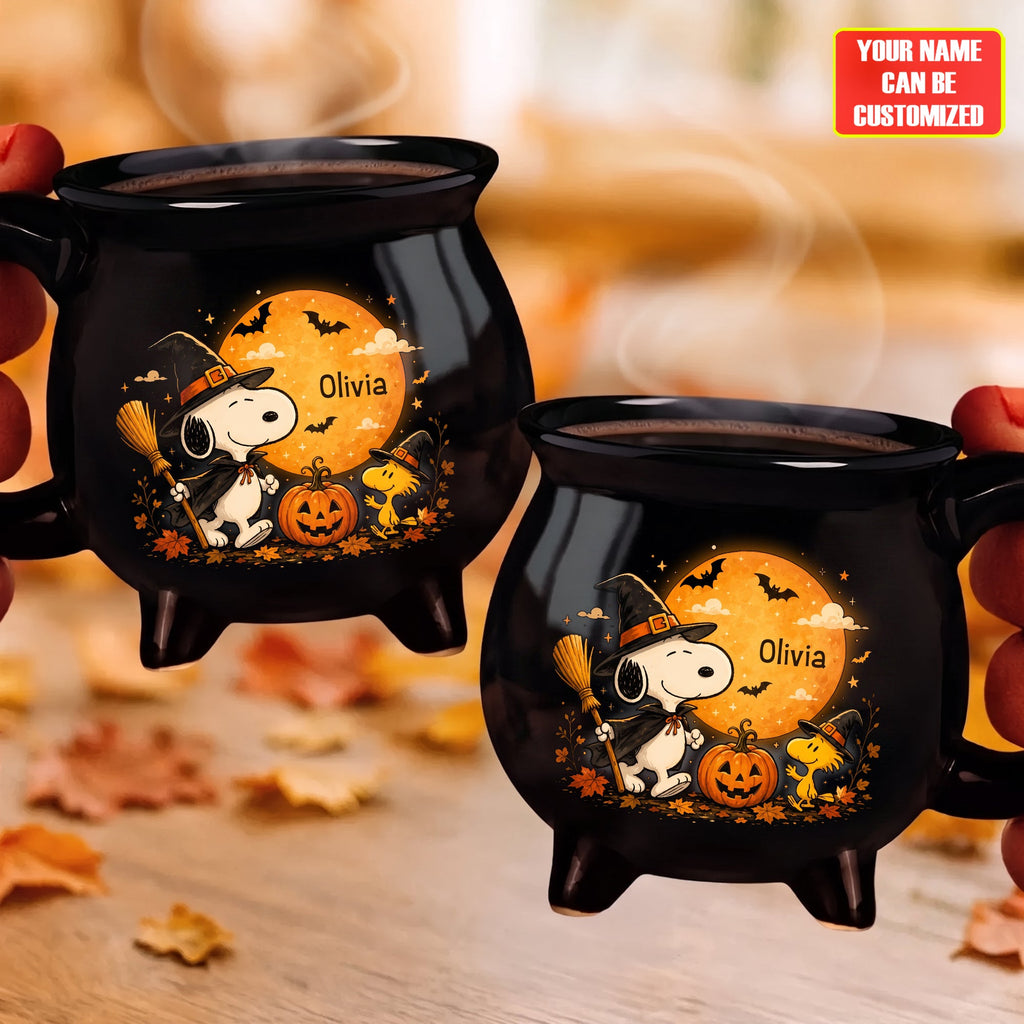 Witch Puppy Cauldron Coffee Mug – Custom Name Halloween Gift