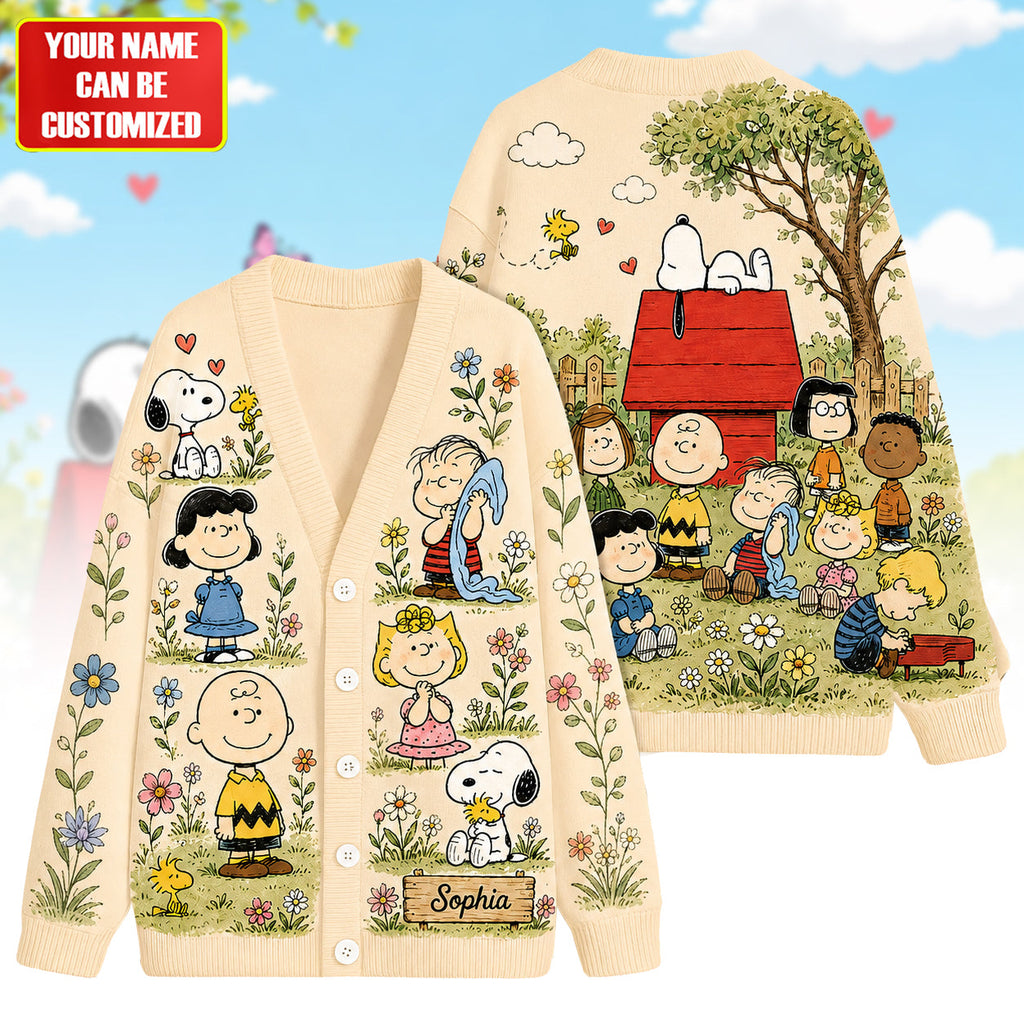 Personalized Puppy & Friends Floral Cardigan – Custom Name Vintage Garden Sweater