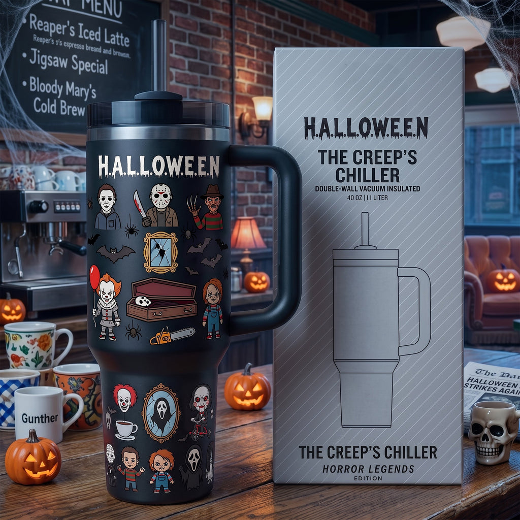 Halloween Horror Legends Tumbler with Handle – Spooky Character Insulated Cup, Halloween Gift