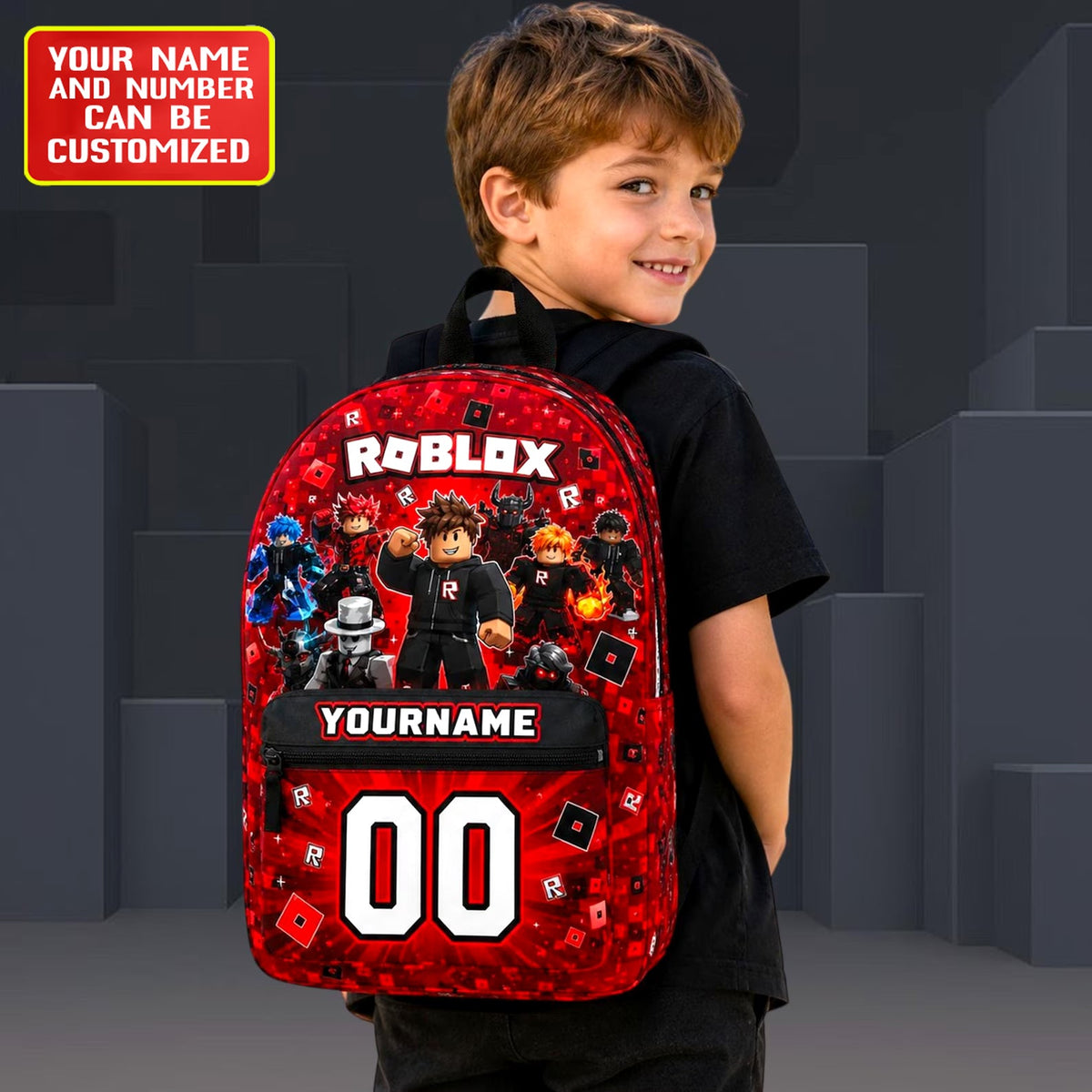 Block Game Backpack – Custom Name & Number Kids School Bag