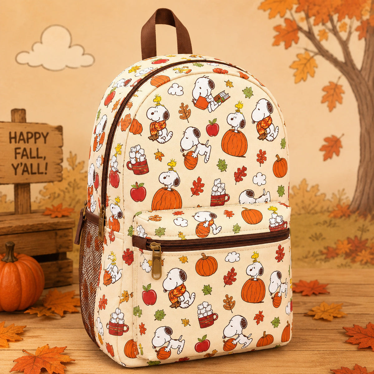 Autumn Puppy & Little Bird Backpack – Cozy Fall Pumpkin School Bag