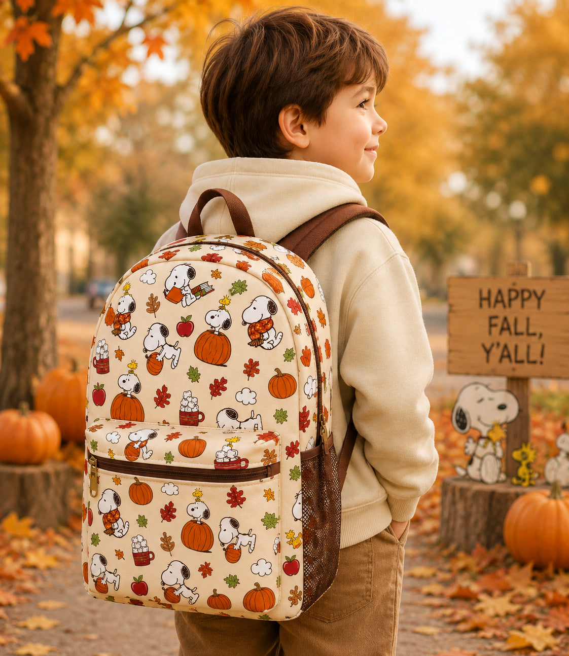 Autumn Puppy & Little Bird Backpack – Cozy Fall Pumpkin School Bag