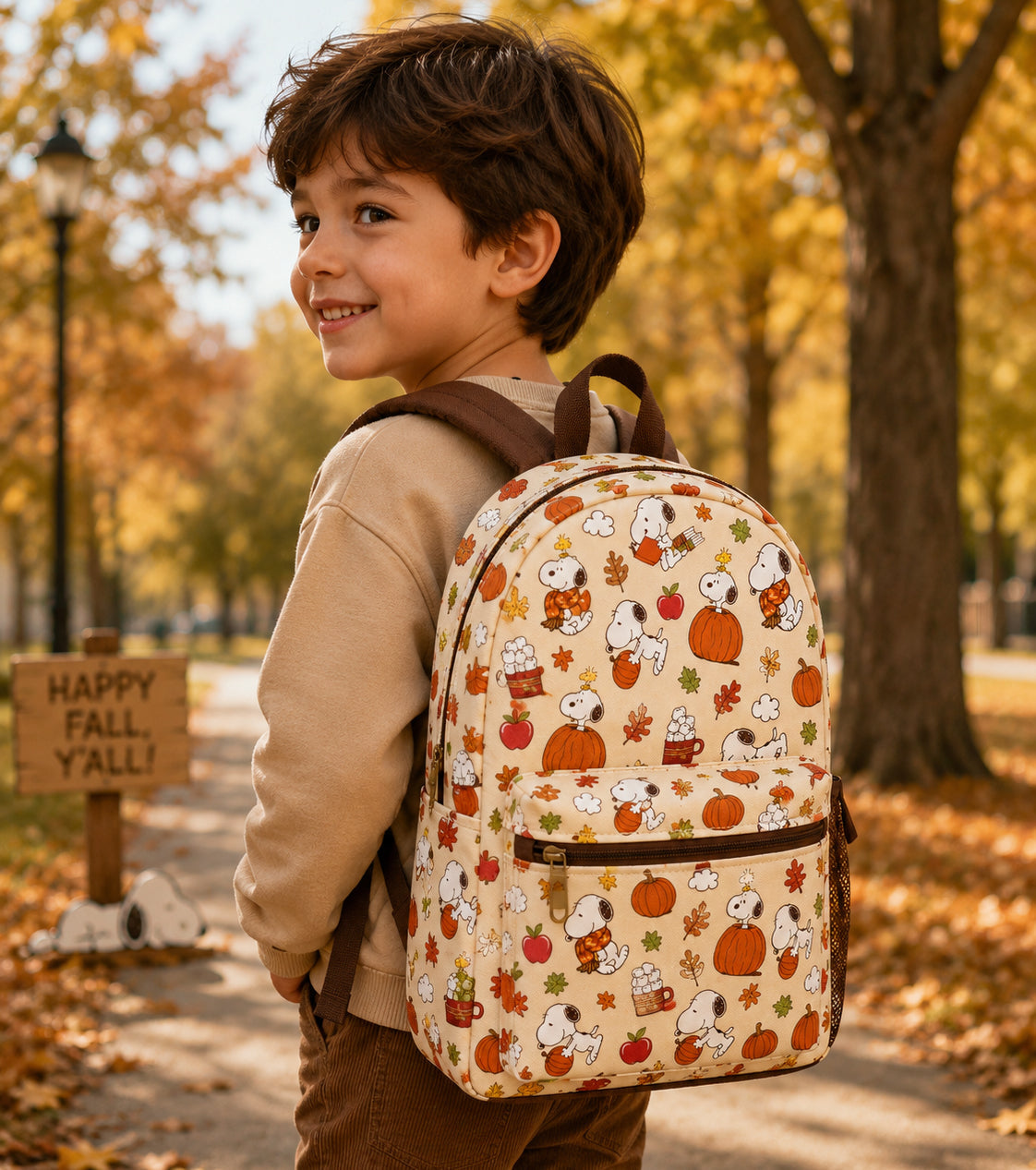 Autumn Puppy & Little Bird Backpack – Cozy Fall Pumpkin School Bag