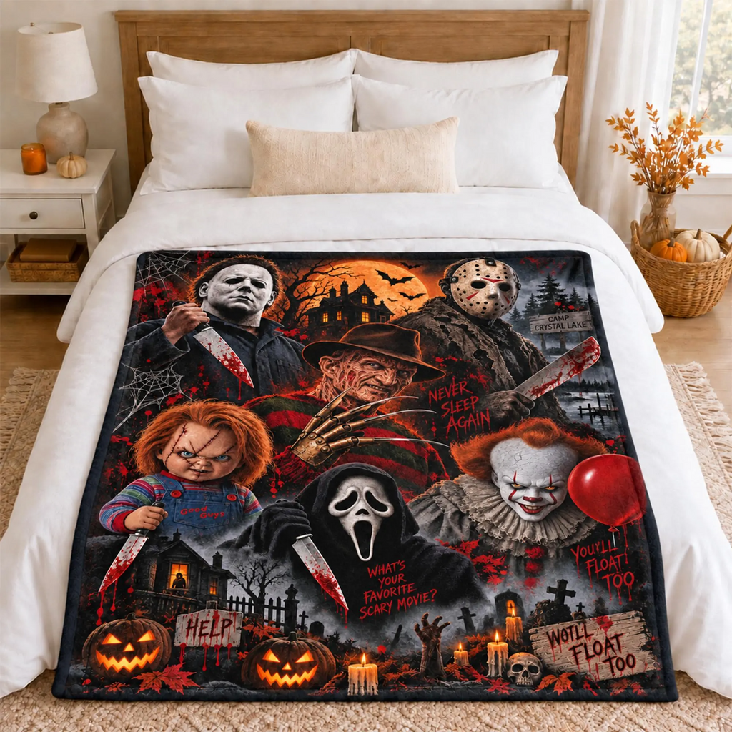 Horror Movie Icons Halloween Blanket – Spooky Slasher Throw for Horror Fans