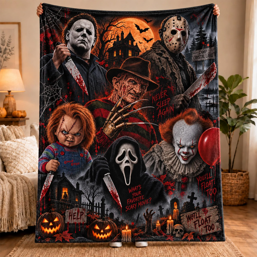 Horror Movie Icons Halloween Blanket – Spooky Slasher Throw for Horror Fans