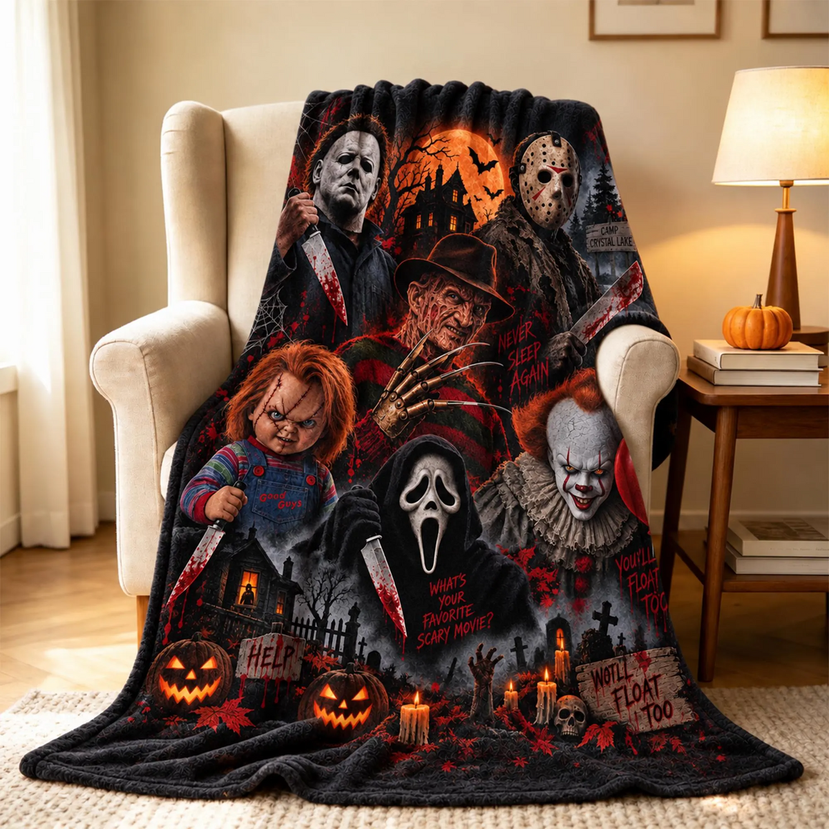 Horror Movie Icons Halloween Blanket – Spooky Slasher Throw for Horror Fans