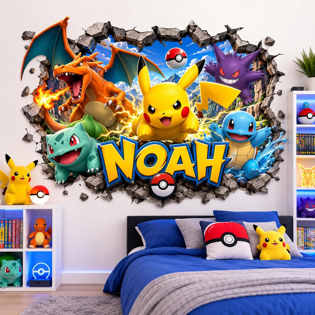Personalized Electric Monster Battle 3D Wall Decal – Custom Name Gaming Bedroom Decor