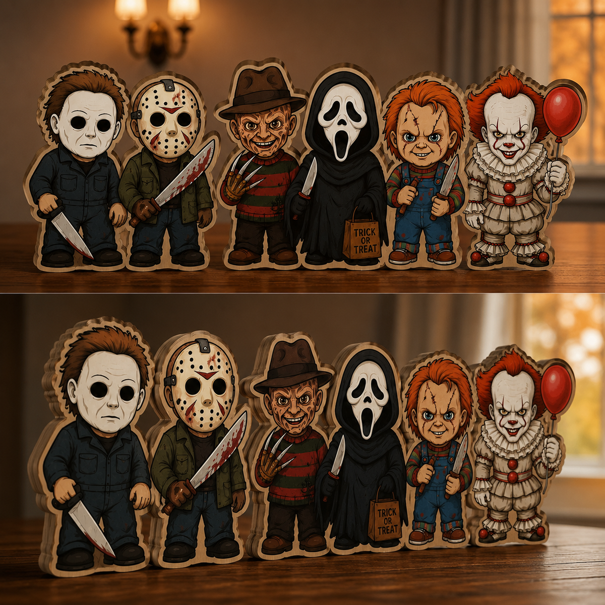 Chibi Horror Characters Wooden Plaque – Spooky Halloween Gift