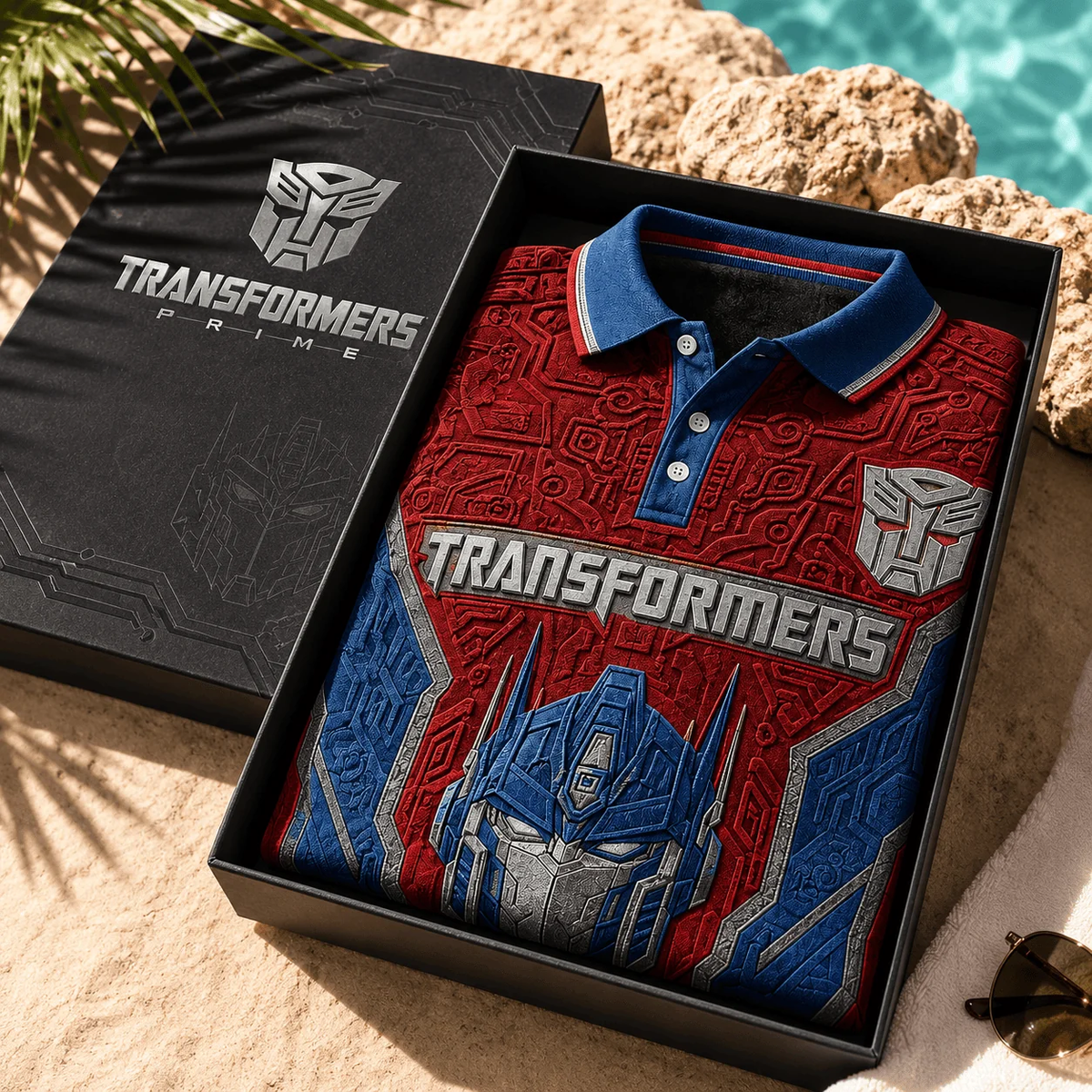 Cyber Robot Commander Polo Shirt – Red & Blue Sci-Fi Mecha Fan Shirt