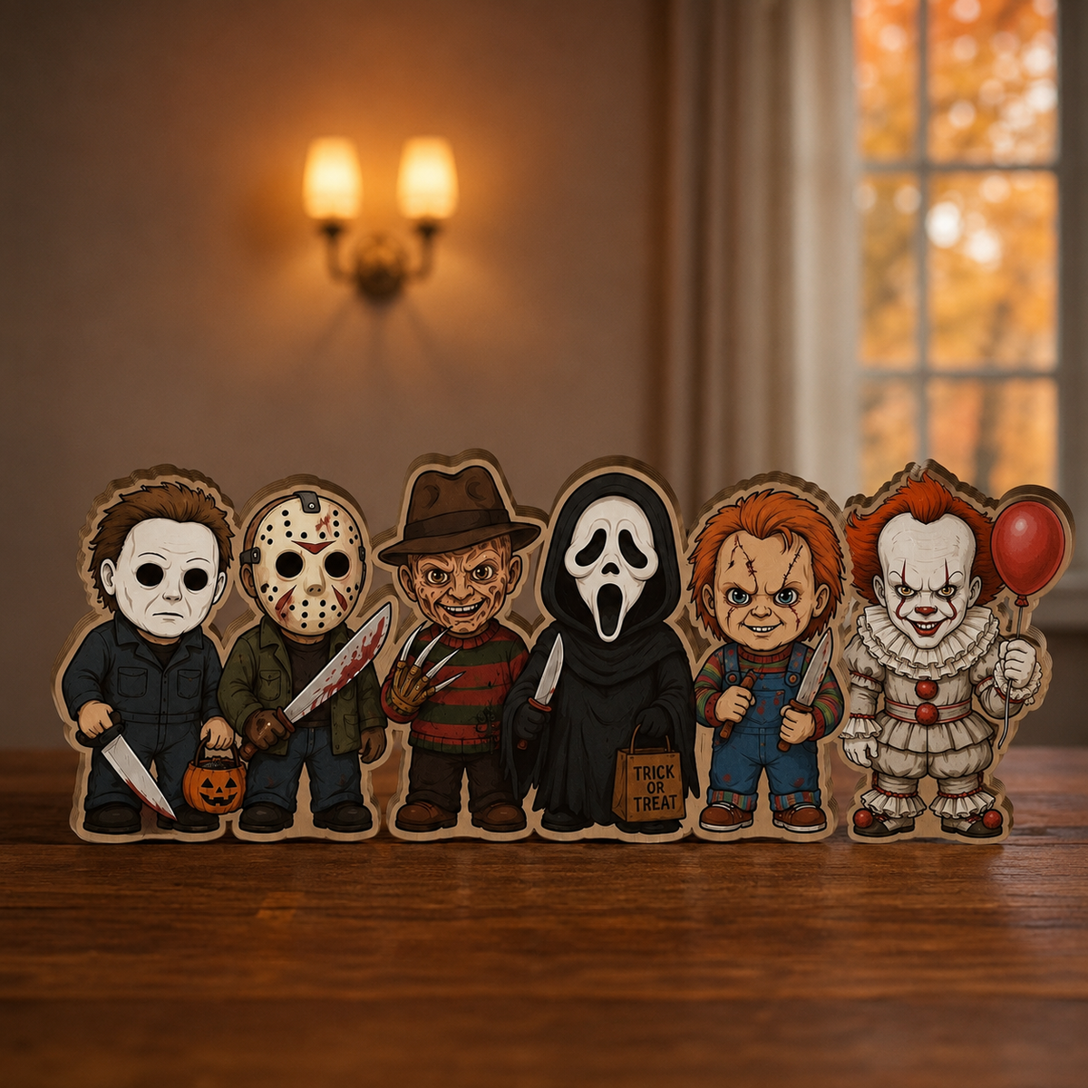 Chibi Horror Characters Wooden Plaque – Spooky Halloween Gift