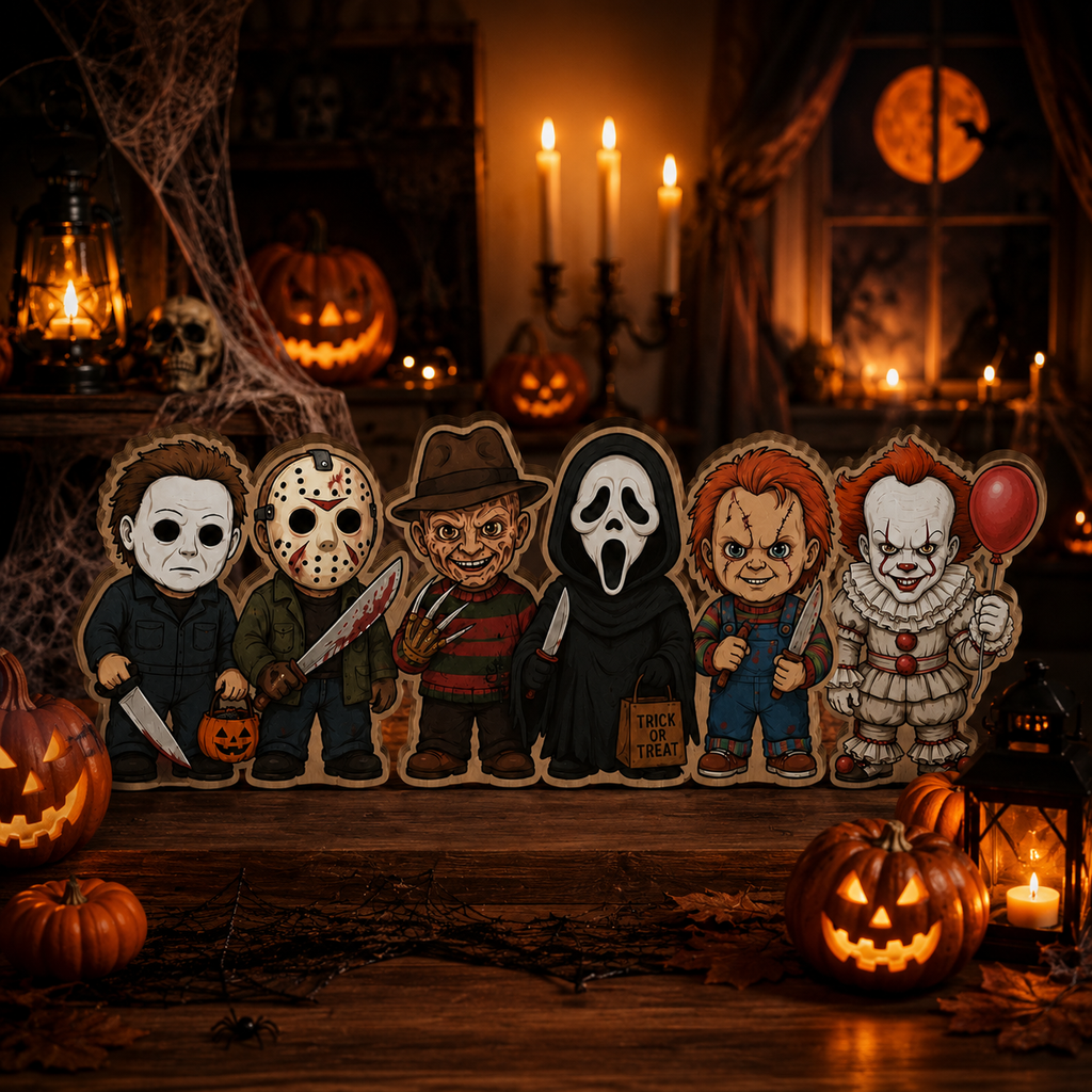 Chibi Horror Characters Wooden Plaque – Spooky Halloween Gift
