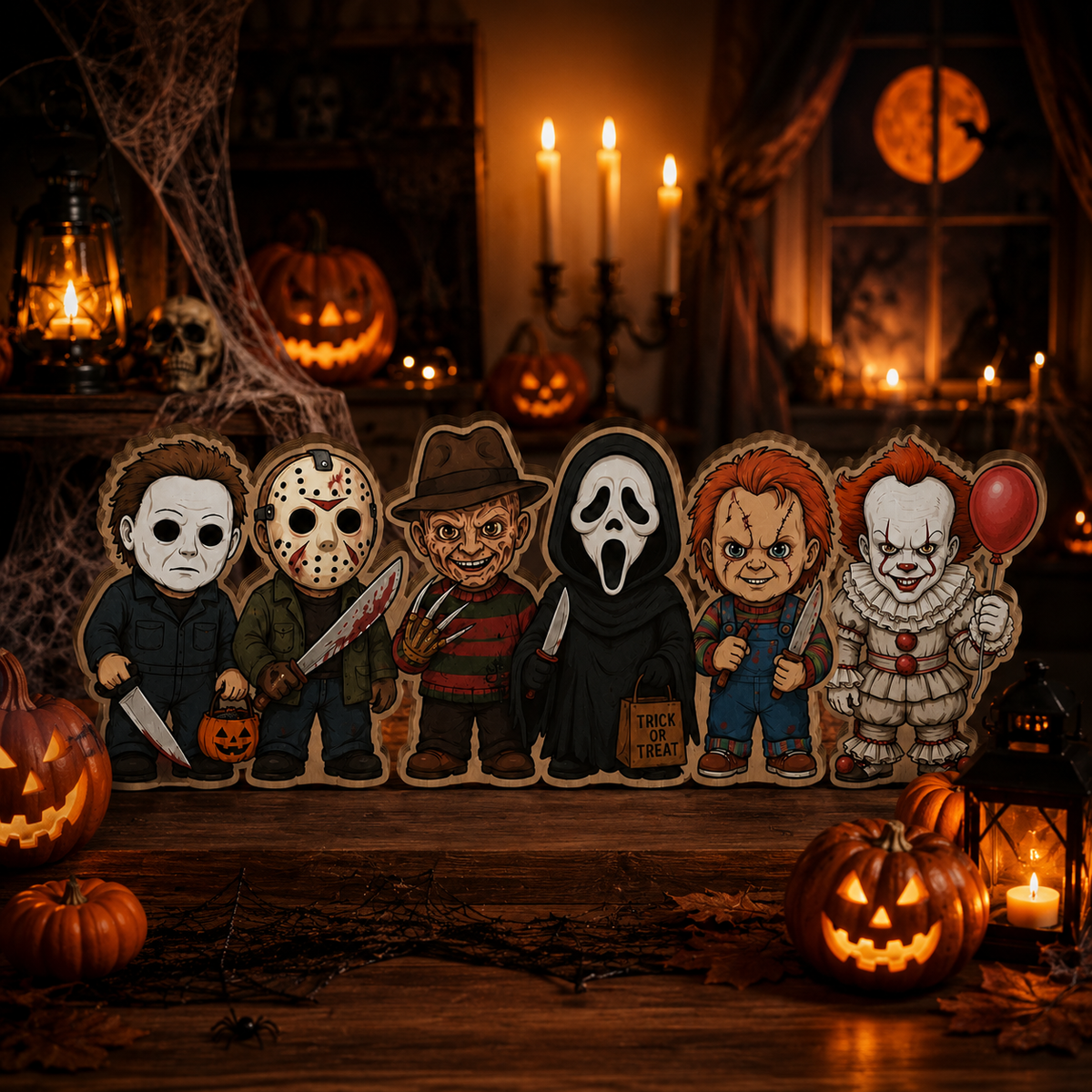 Chibi Horror Characters Wooden Plaque – Spooky Halloween Gift
