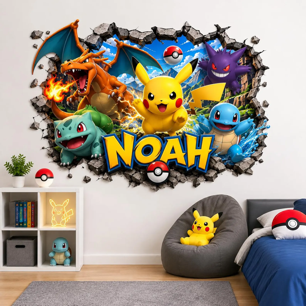 Personalized Electric Monster Battle 3D Wall Decal – Custom Name Gaming Bedroom Decor