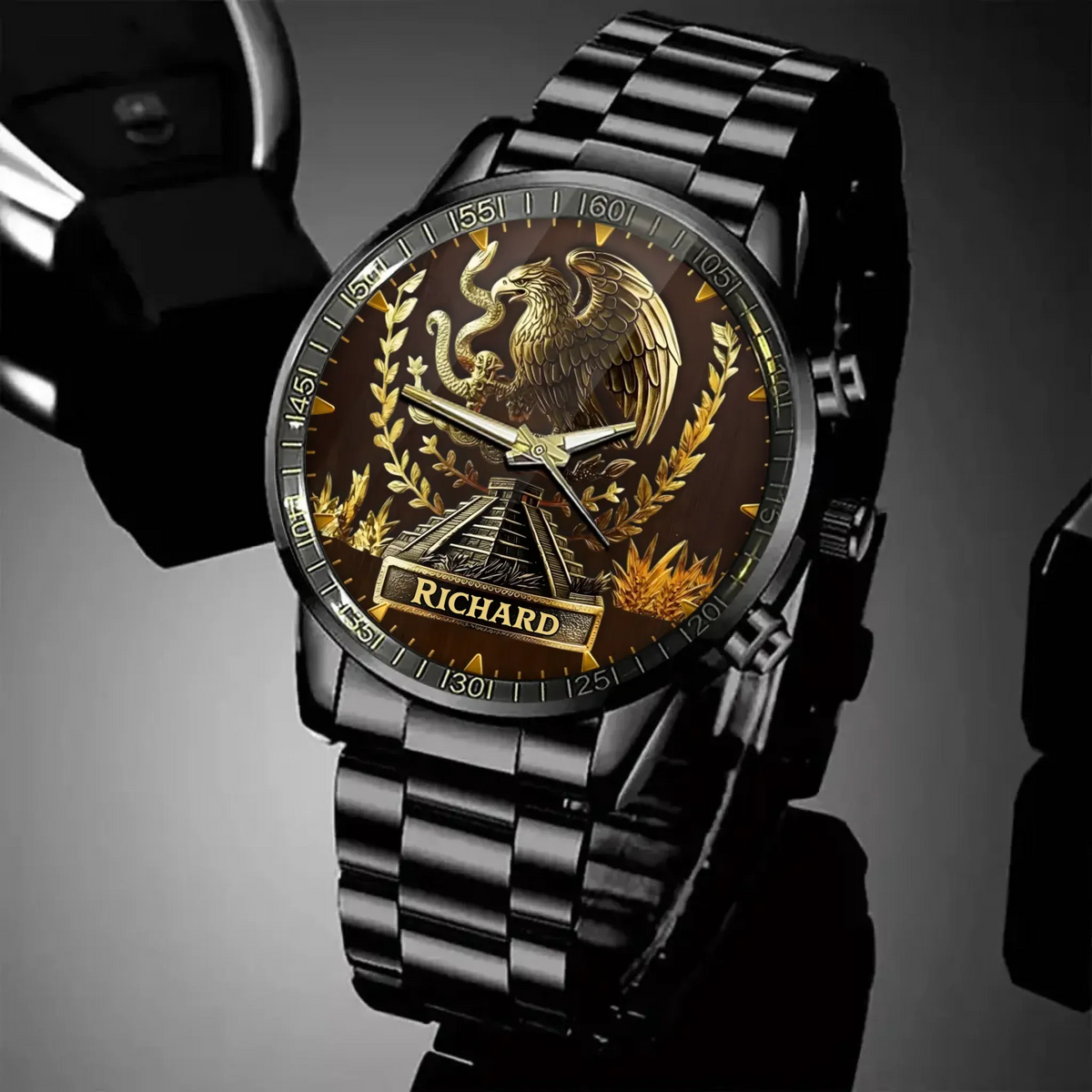 Personalized Mexican Eagle Pyramid Watch - Emblem Dial with Custom Name