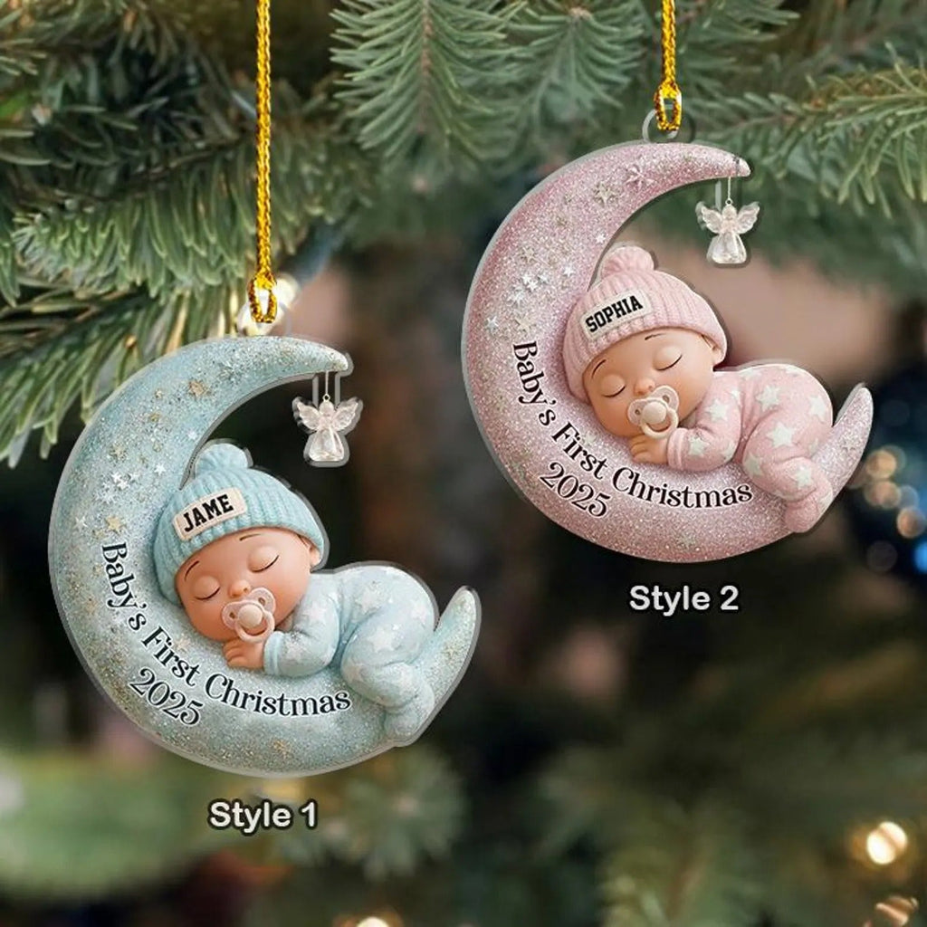 Baby’s First Christmas 2D Flat Ornament, Custom Moon Sleeping Acrylic Keepsake, Personalized Newborn Gift