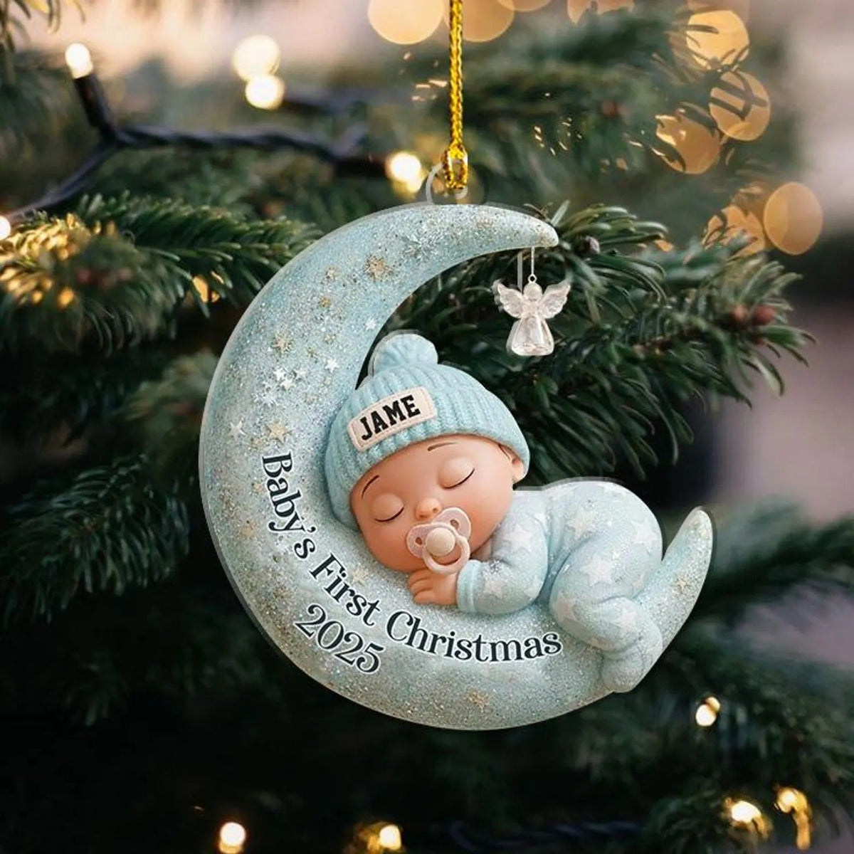 Baby’s First Christmas 2D Flat Ornament, Custom Moon Sleeping Acrylic Keepsake, Personalized Newborn Gift