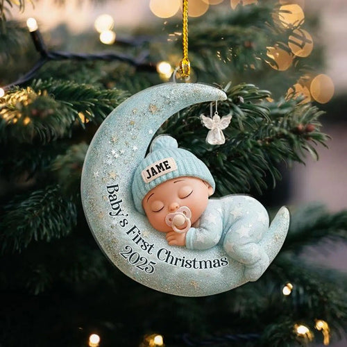 Baby’s First Christmas 2D Flat Ornament, Custom Moon Sleeping Acrylic Keepsake, Personalized Newborn Gift