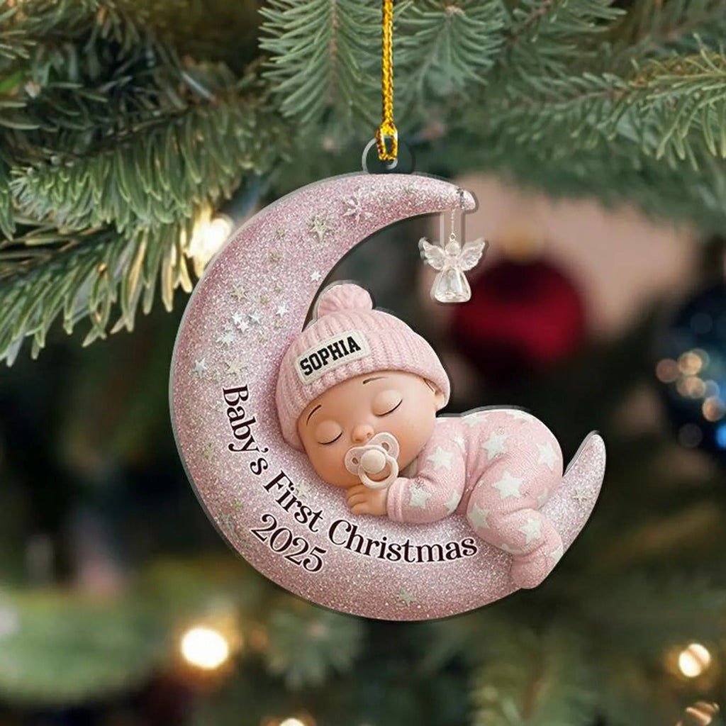 Baby’s First Christmas 2D Flat Ornament, Custom Moon Sleeping Acrylic Keepsake, Personalized Newborn Gift
