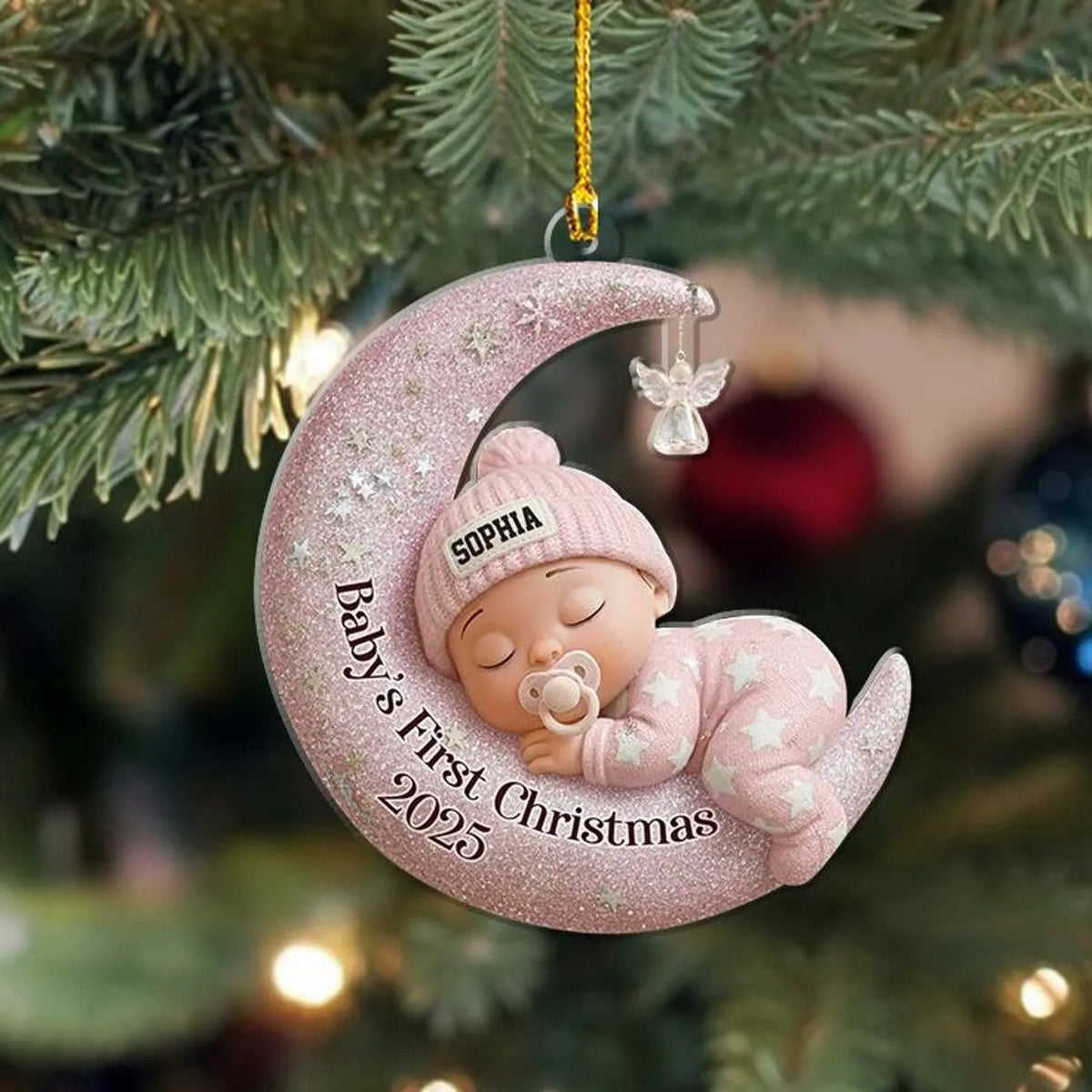 Baby’s First Christmas 2D Flat Ornament, Custom Moon Sleeping Acrylic Keepsake, Personalized Newborn Gift