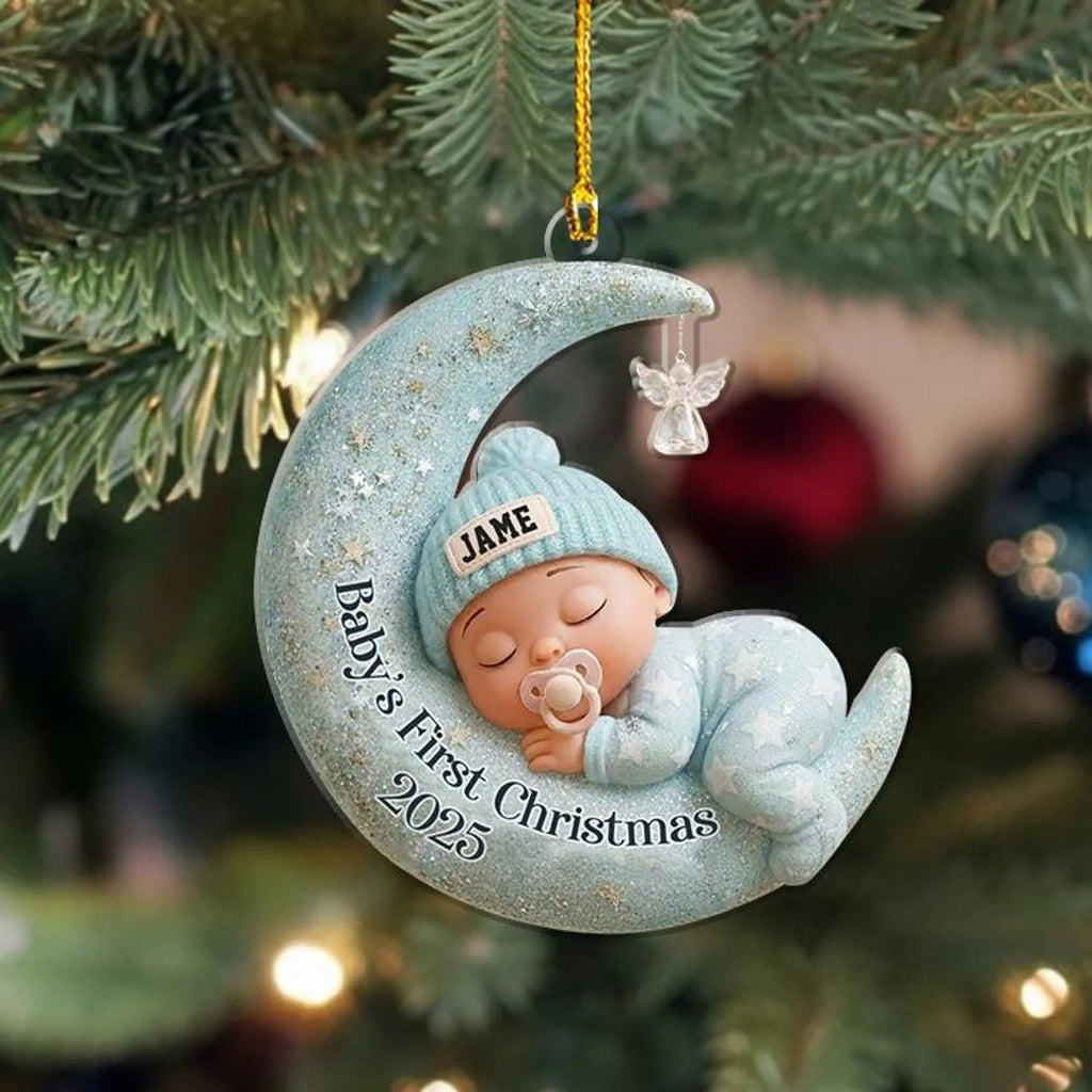 Baby’s First Christmas 2D Flat Ornament, Custom Moon Sleeping Acrylic Keepsake, Personalized Newborn Gift