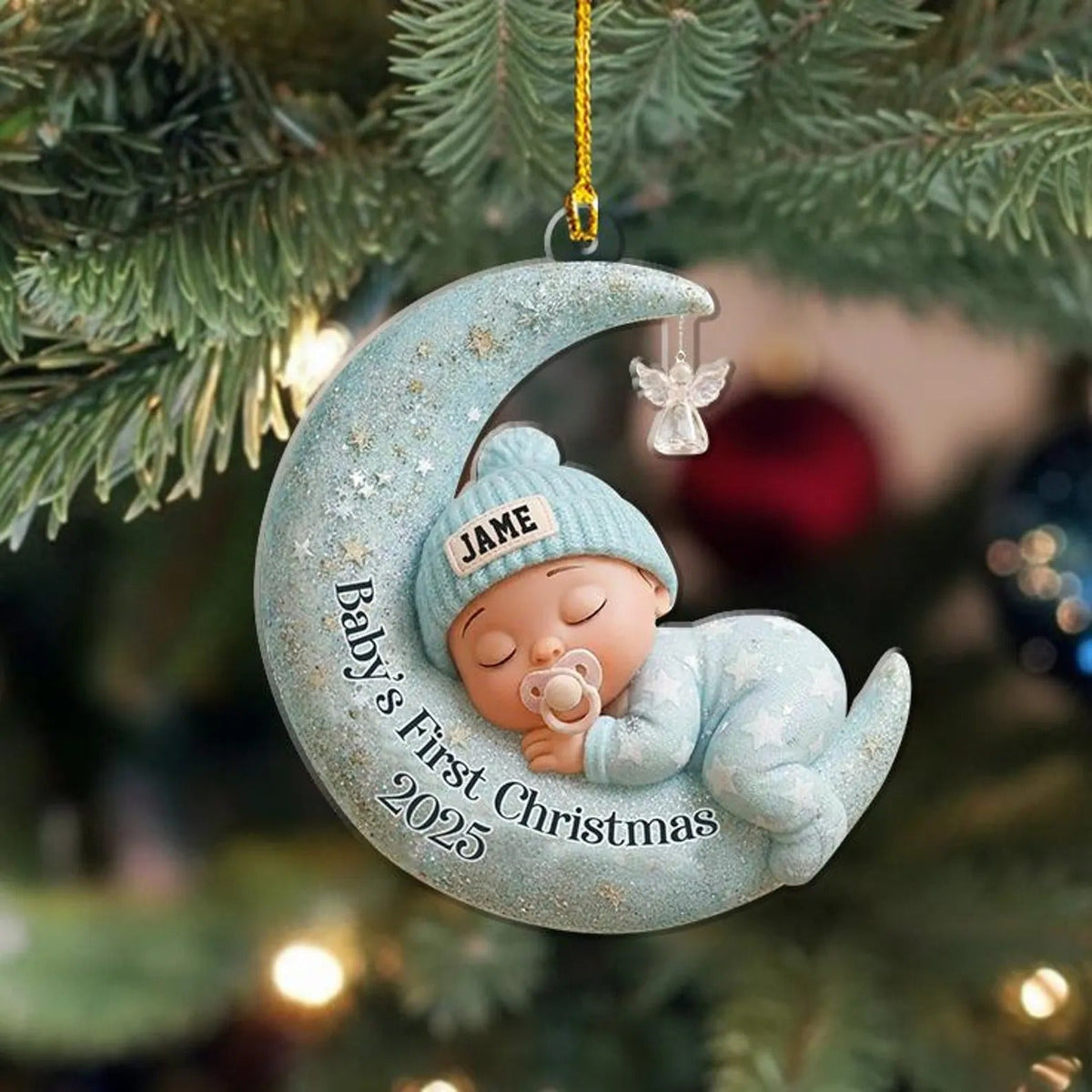 Baby’s First Christmas 2D Flat Ornament, Custom Moon Sleeping Acrylic Keepsake, Personalized Newborn Gift