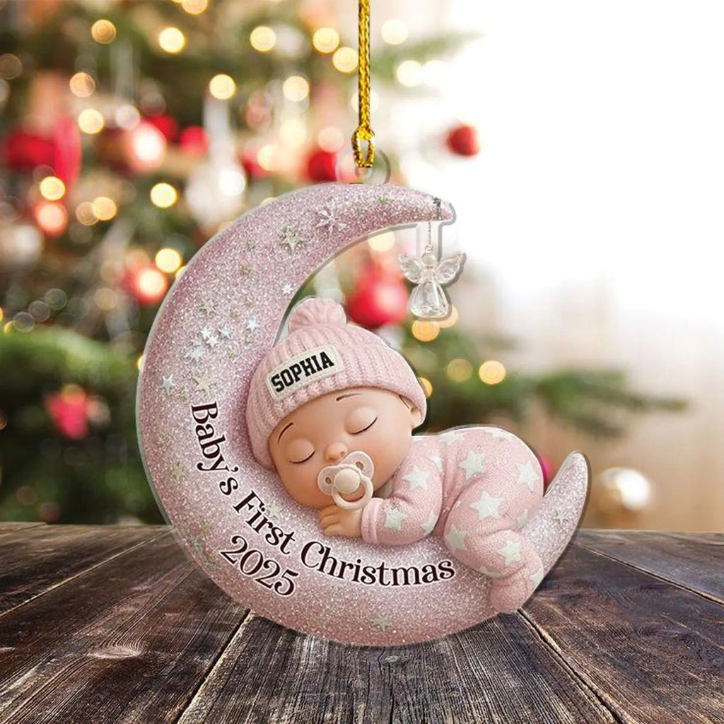 Baby’s First Christmas 2D Flat Ornament, Custom Moon Sleeping Acrylic Keepsake, Personalized Newborn Gift