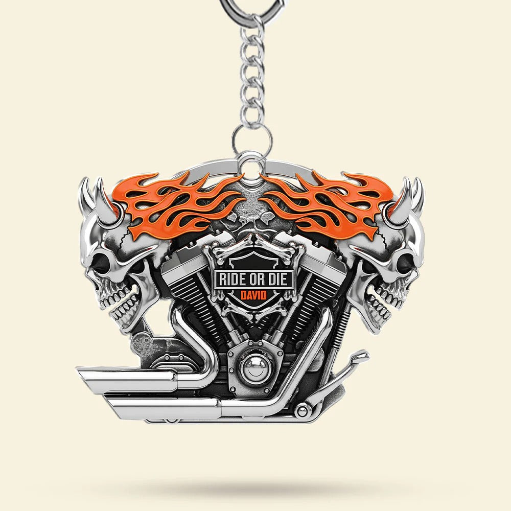 Motorcycle Engine Evil Skull Keychain - Personalized Gifts For Biker