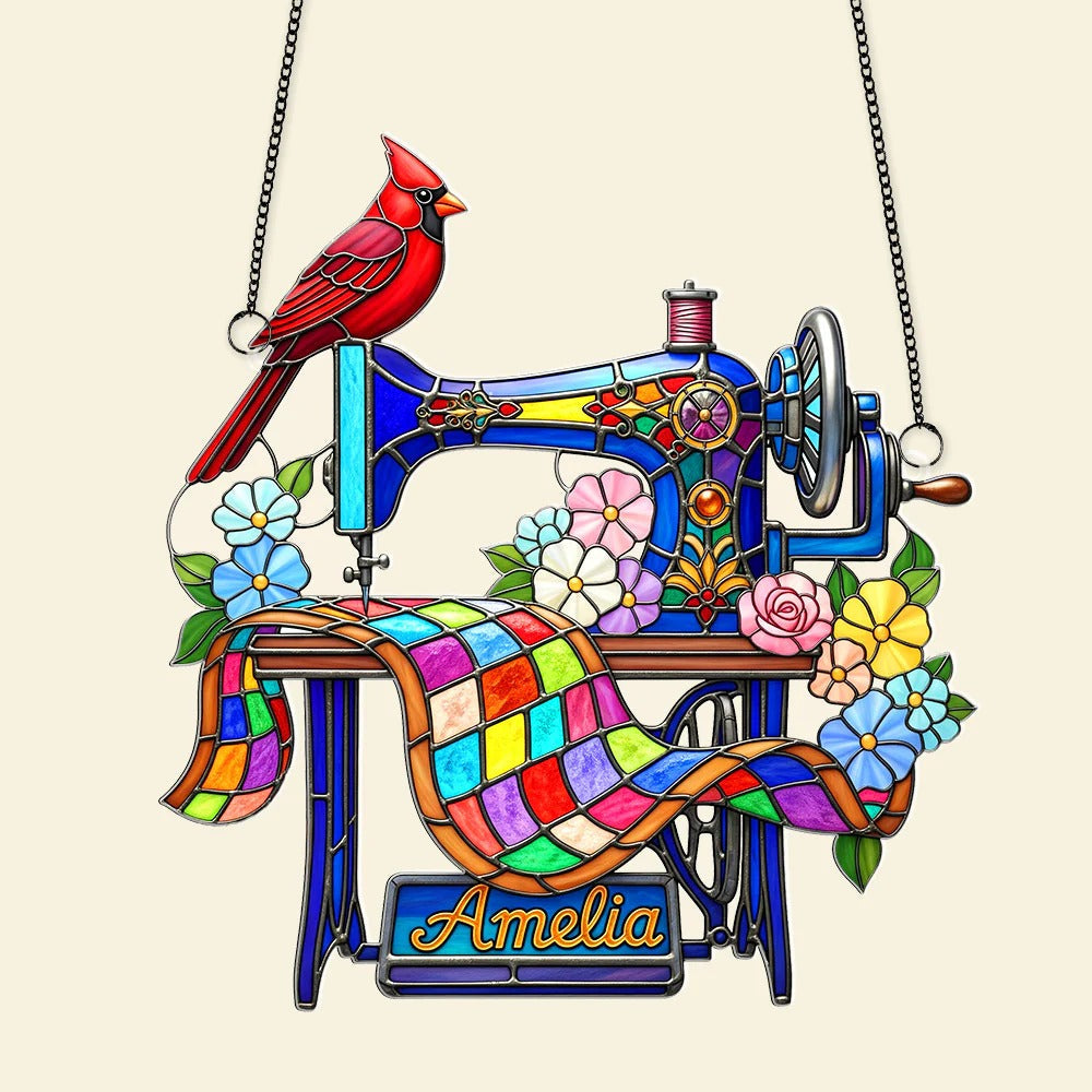 Sewing Machine - Personalized Gifts For Heaven Memorial - Cardinal Christmas Suncatcher Ornament