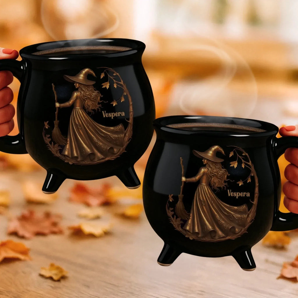 Custom 12oz Ceramic Cauldron Coffee Mug 2 - Personalized Halloween Witchy Gifts For Besties, Sisters, BFF, Family, Yourself - Brew And Boo