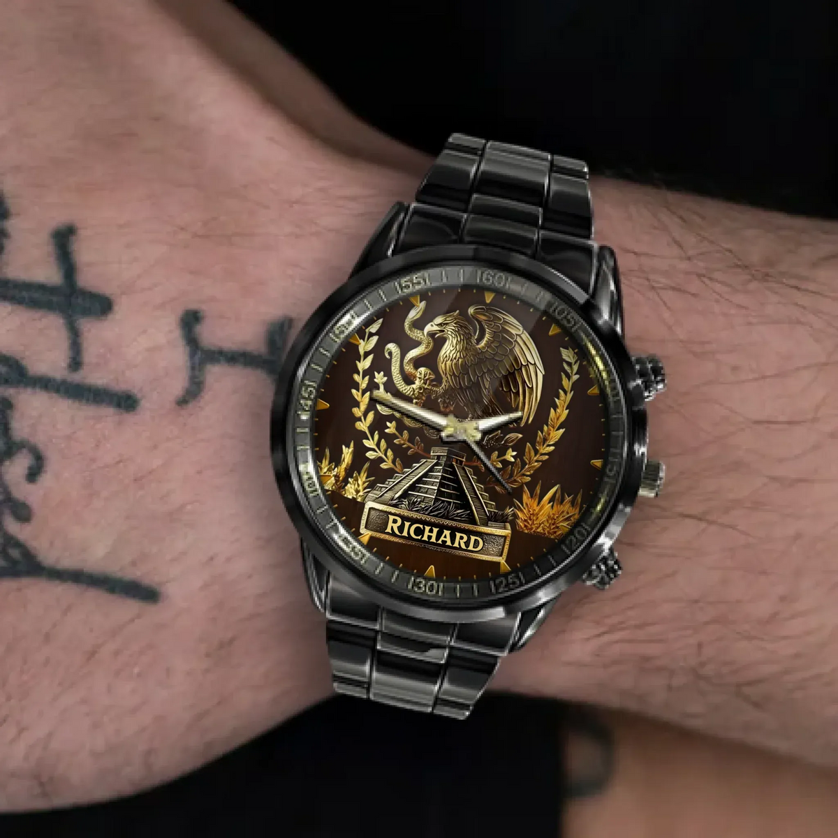 Personalized Mexican Eagle Pyramid Watch - Emblem Dial with Custom Name