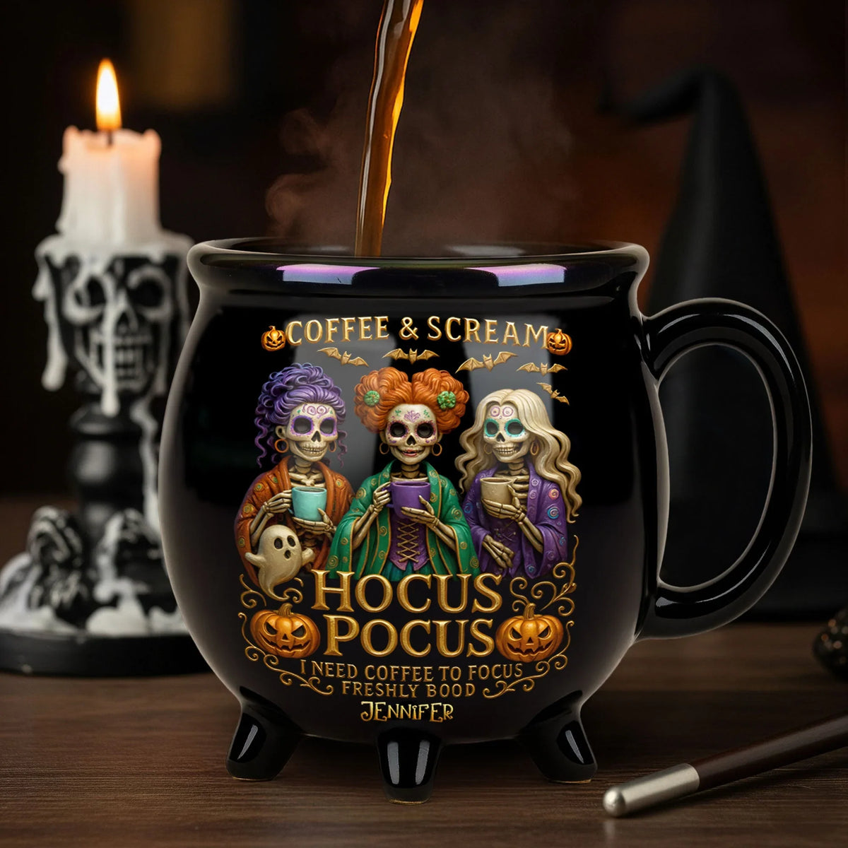Three Spooky Sisters Cauldron Mug - Personalized Gifts For Horror Lovers