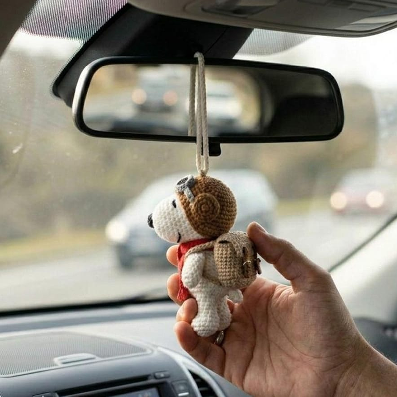 Cute Crochet Dog Car Charm, Pilot Amigurumi Rearview Mirror Decor