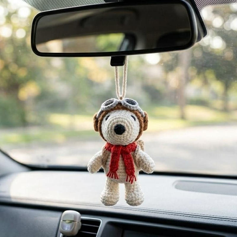 Cute Crochet Dog Car Charm, Pilot Amigurumi Rearview Mirror Decor