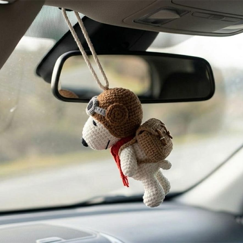 Cute Crochet Dog Car Charm, Pilot Amigurumi Rearview Mirror Decor